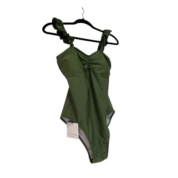 Onda De Mar Women’s One Piece Swimsuit Olive Green Ruffle Ruched Front NWT - Picture 2 of 6